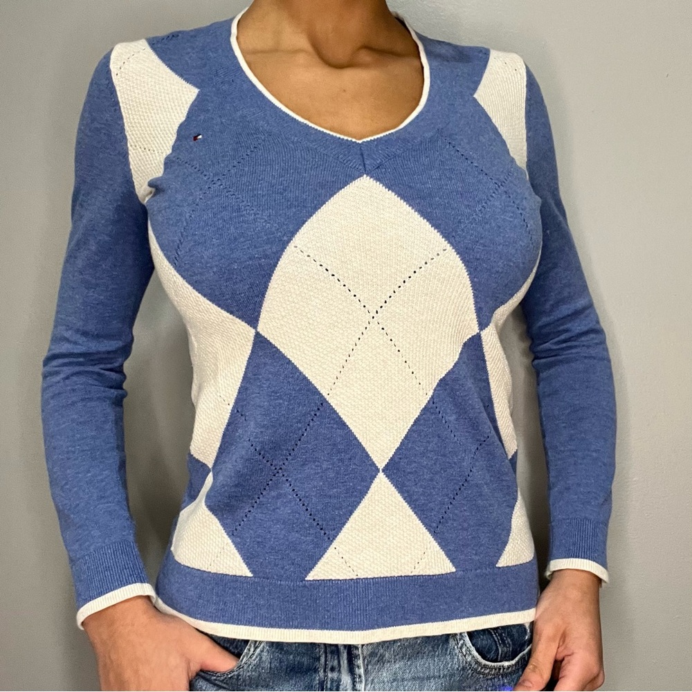 TOMMY HILFIGER Argyle Long Sleeve V Neck XS Golf County Club Blue White